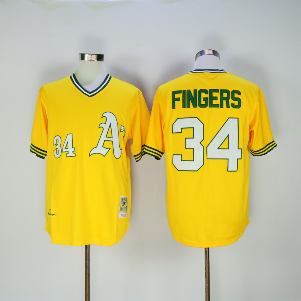 Men Oakland Athletics #34 Fingers Yellow Throwback MLB Jerseys->oakland athletics->MLB Jersey